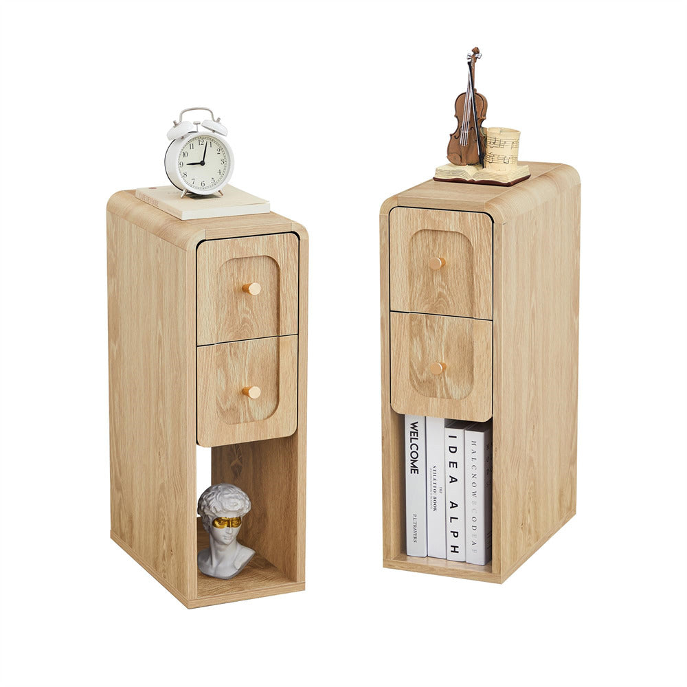 Natural Mid-Century Modern Narrow Small Nightstand Set of 2 Wooden End Table with 2 Drawers