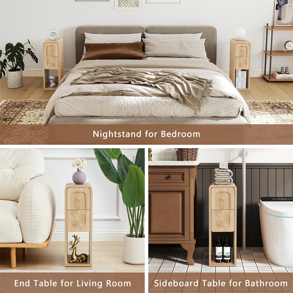 Collage of bedroom furniture including a bed, nightstand, end table, and sideboard table.
