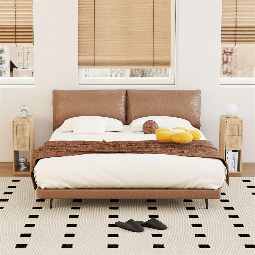 Modern bedroom with a brown leather bed, white bedding, and wooden nightstands.