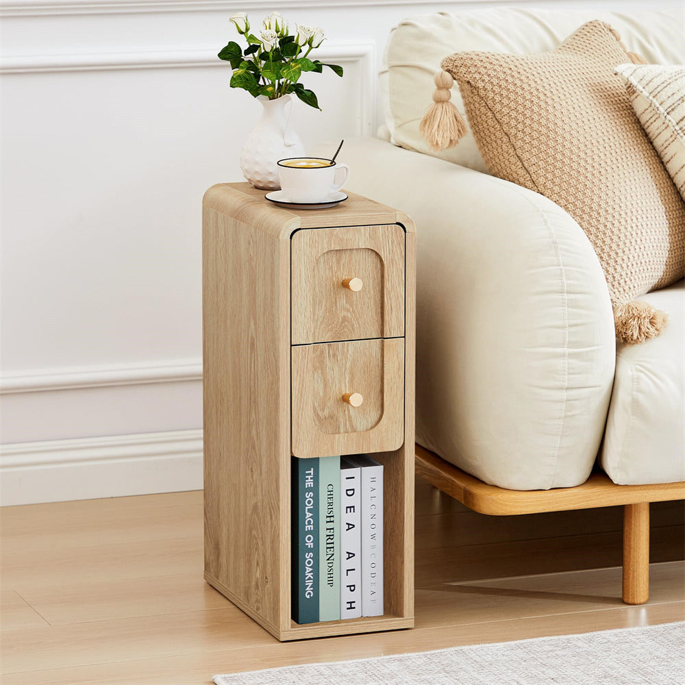 Natural Mid-Century Modern Narrow Small Nightstand Wooden End Table with 2 Drawers