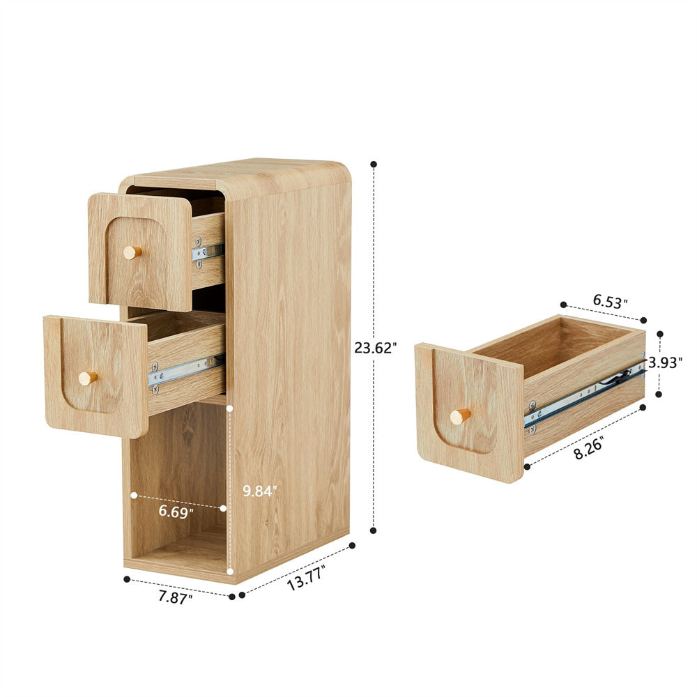 Wooden organizer with drawers and dimensions labeled on a white background