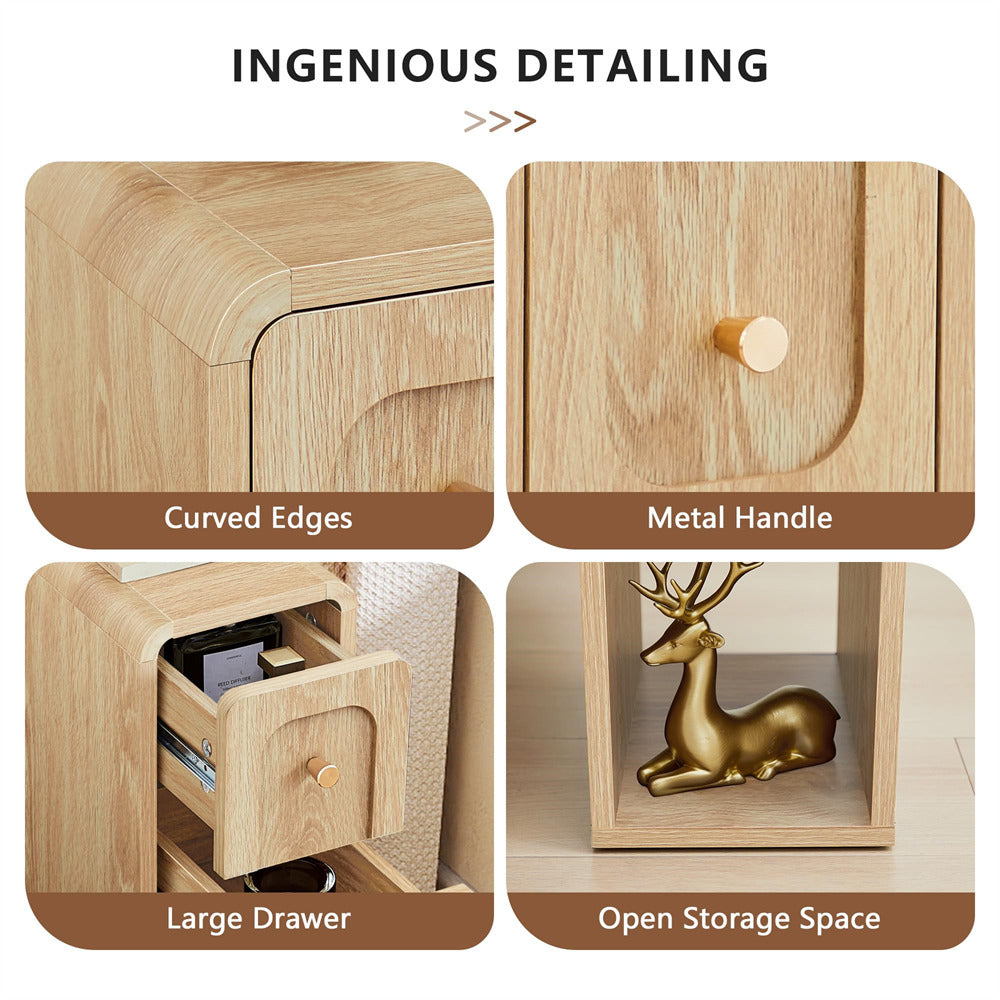 Wooden furniture with curved edges, metal handle, large drawer, and open storage space.