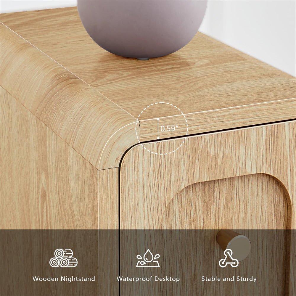 Wooden nightstand with a gray ceramic bowl on top, featuring icons and text about its features.