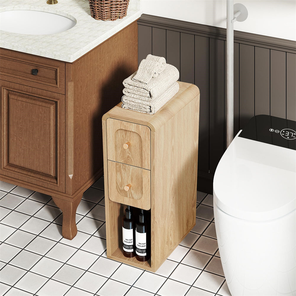 Wooden storage unit with bottles and folded towels in a bathroom setting