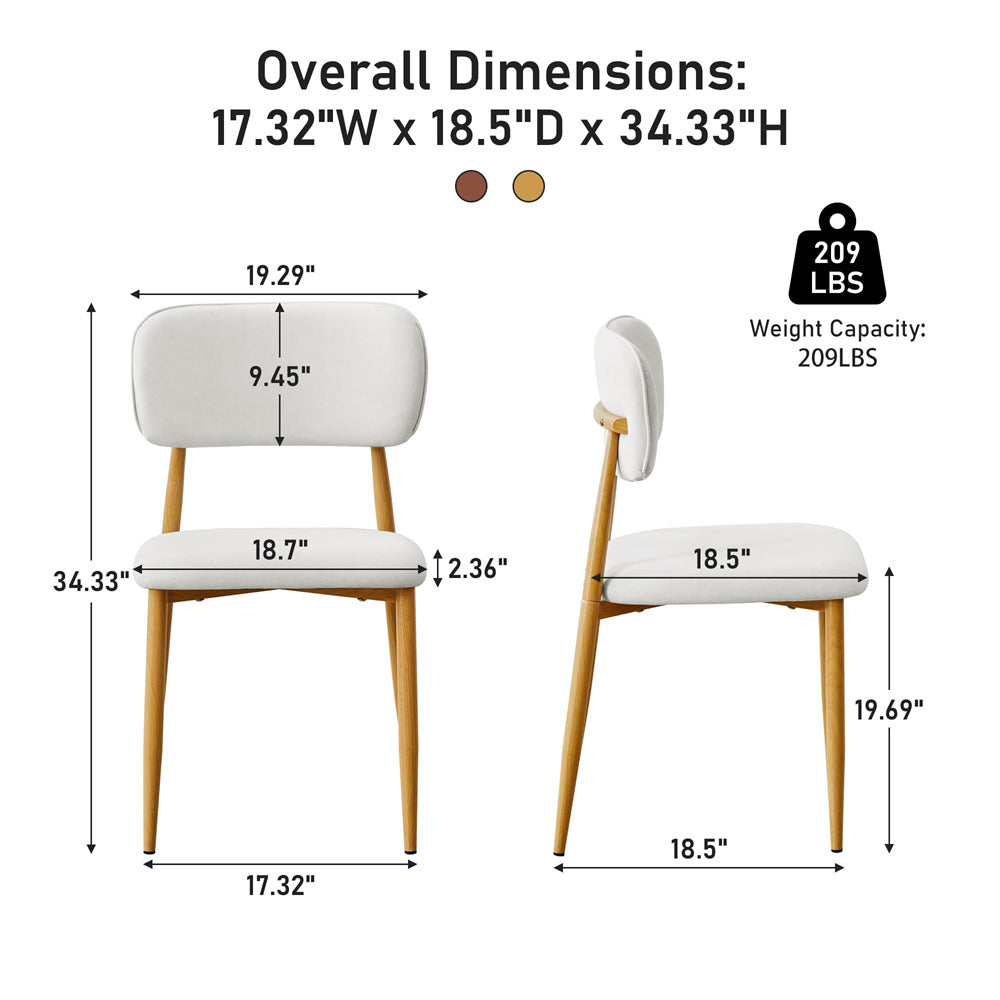 Overall dimensions diagram of a modern dining chair with front and side views, showing measurements in inches and weight capacity of 209 lbs on a white background.