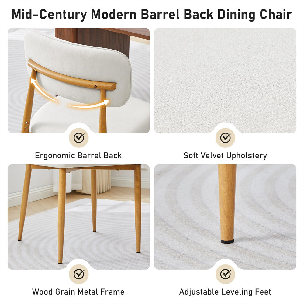 A 2x2 feature collage for a mid-century modern barrel back dining chair. The top-left panel shows the chair's ergonomic curved backrest with light wood arms.