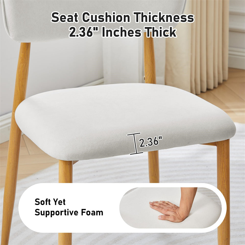 An upholstered wooden chair with a light gray seat cushion in a home interior setting. Text overlays highlight the seat cushion thickness as 2.