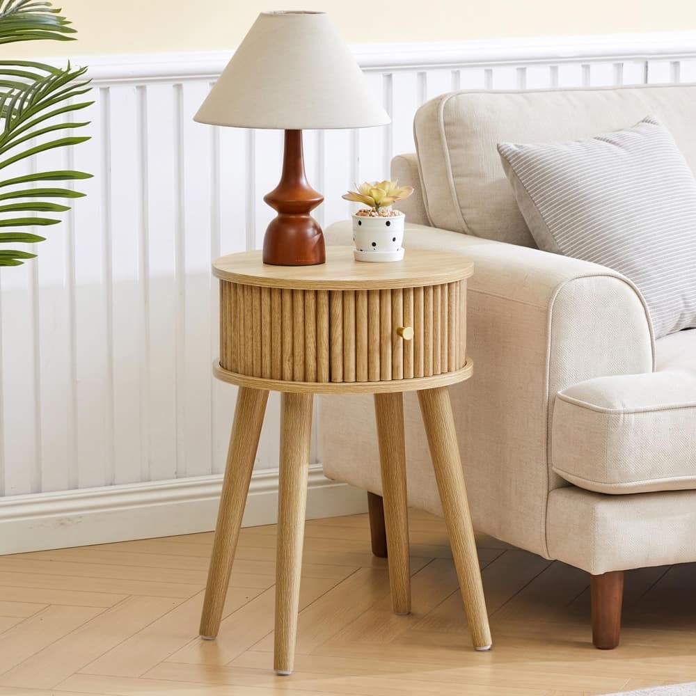 Natural Mid-Century Modern Wooden Fluted Small Round End Table Nightstand with Drawer