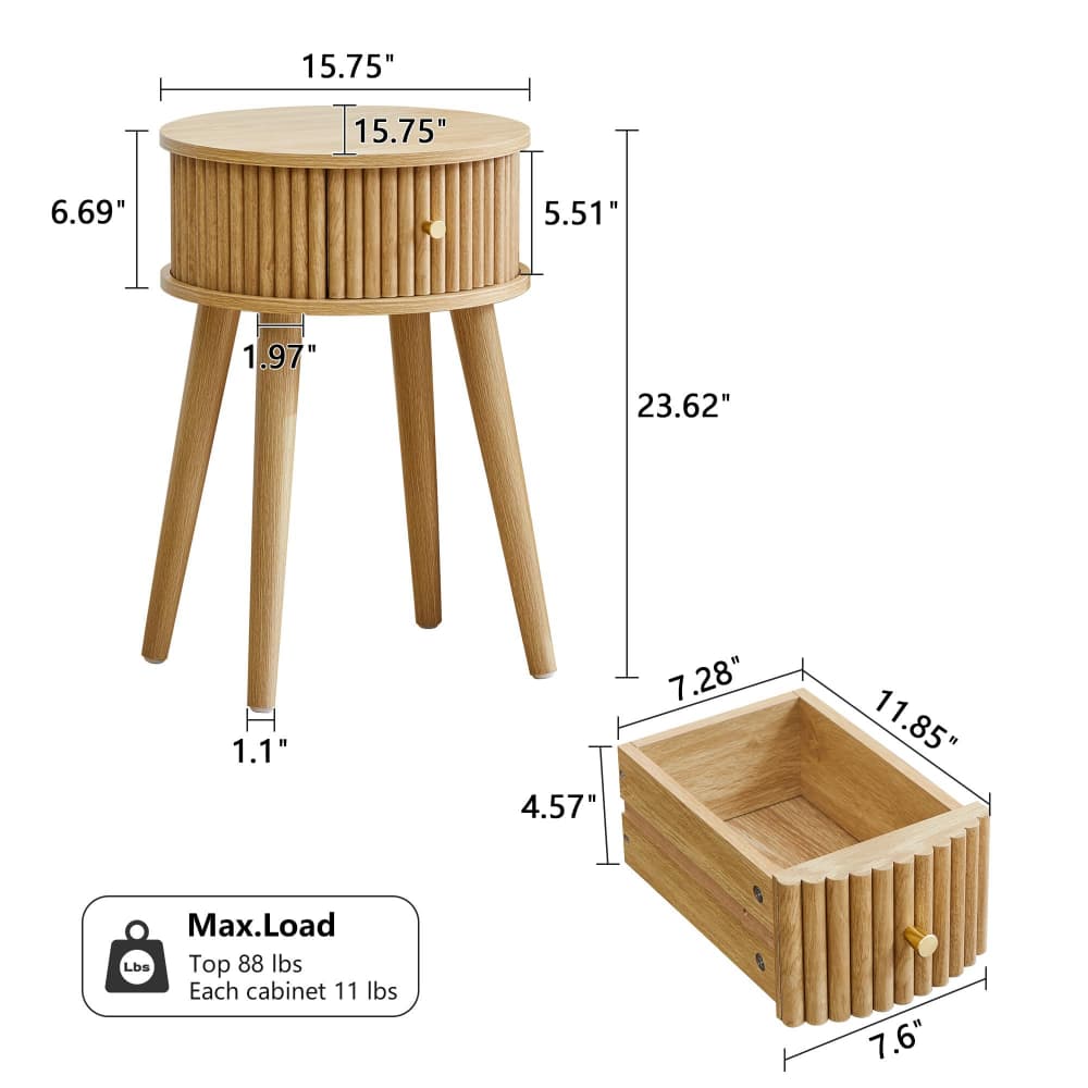 A wooden side table and matching storage cabinet shown with dimension callouts and a max load label on a white background.