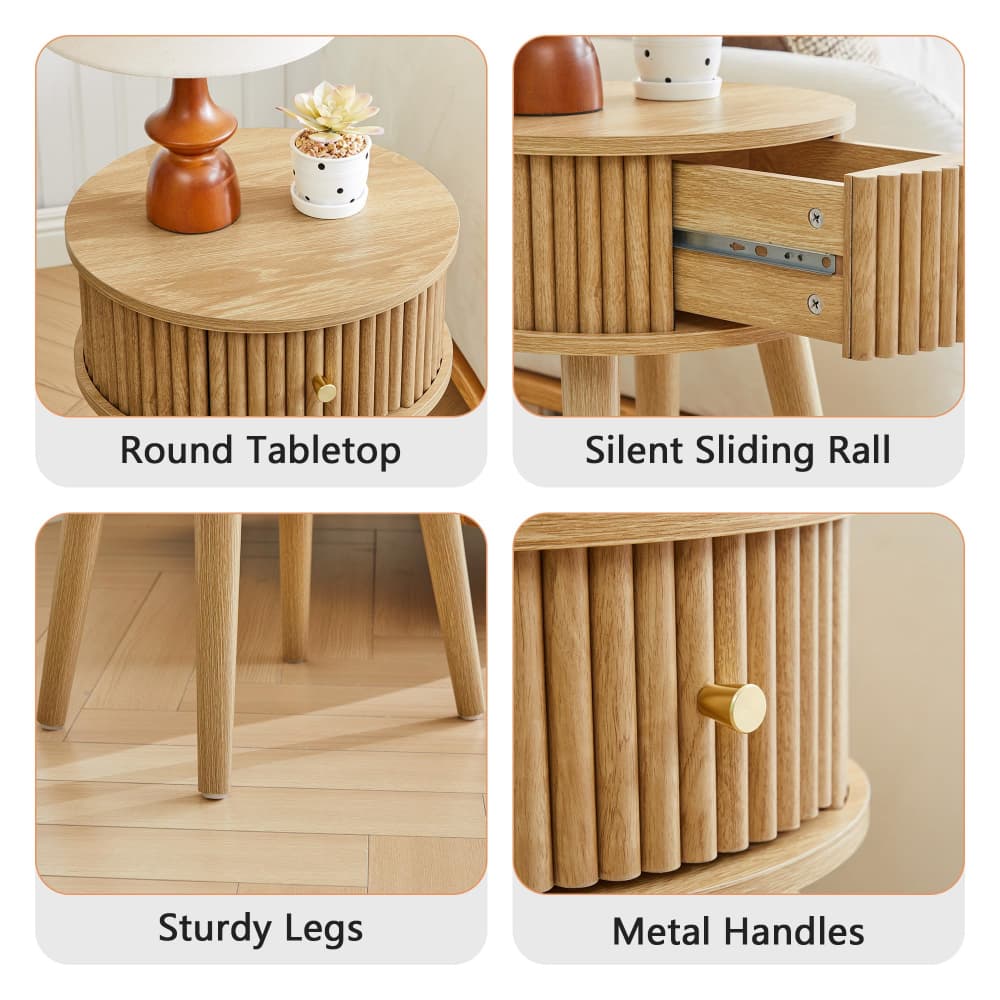 Four-panel product feature collage for a round wooden side table. The table has a light natural wood finish, fluted vertical drawer fronts, metal drawer pulls, sturdy tapered legs, and a round tabletop shown styled with a lamp and small plant.