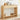 Wooden console table with decorative items in a room.