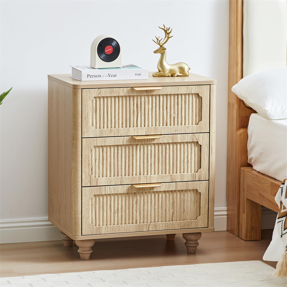 Wooden nightstand with decorative items in a bedroom setting