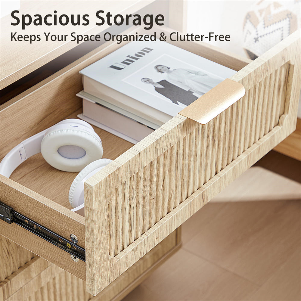 Wooden drawer with books and headphones, labeled 'Spacious Storage Keeps Your Space Organized & Clutter-Free'.