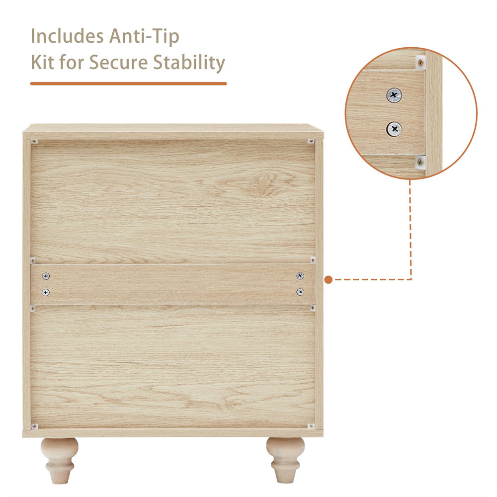 Wooden cabinet with anti-tip kit feature on a white background
