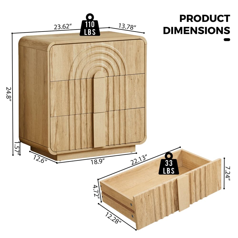 A light natural wood three-drawer nightstand or cabinet shown with dimension callouts and weight labels on a white background. The top drawer is labeled 110 LBS, and the open bottom drawer is labeled 33 LBS.