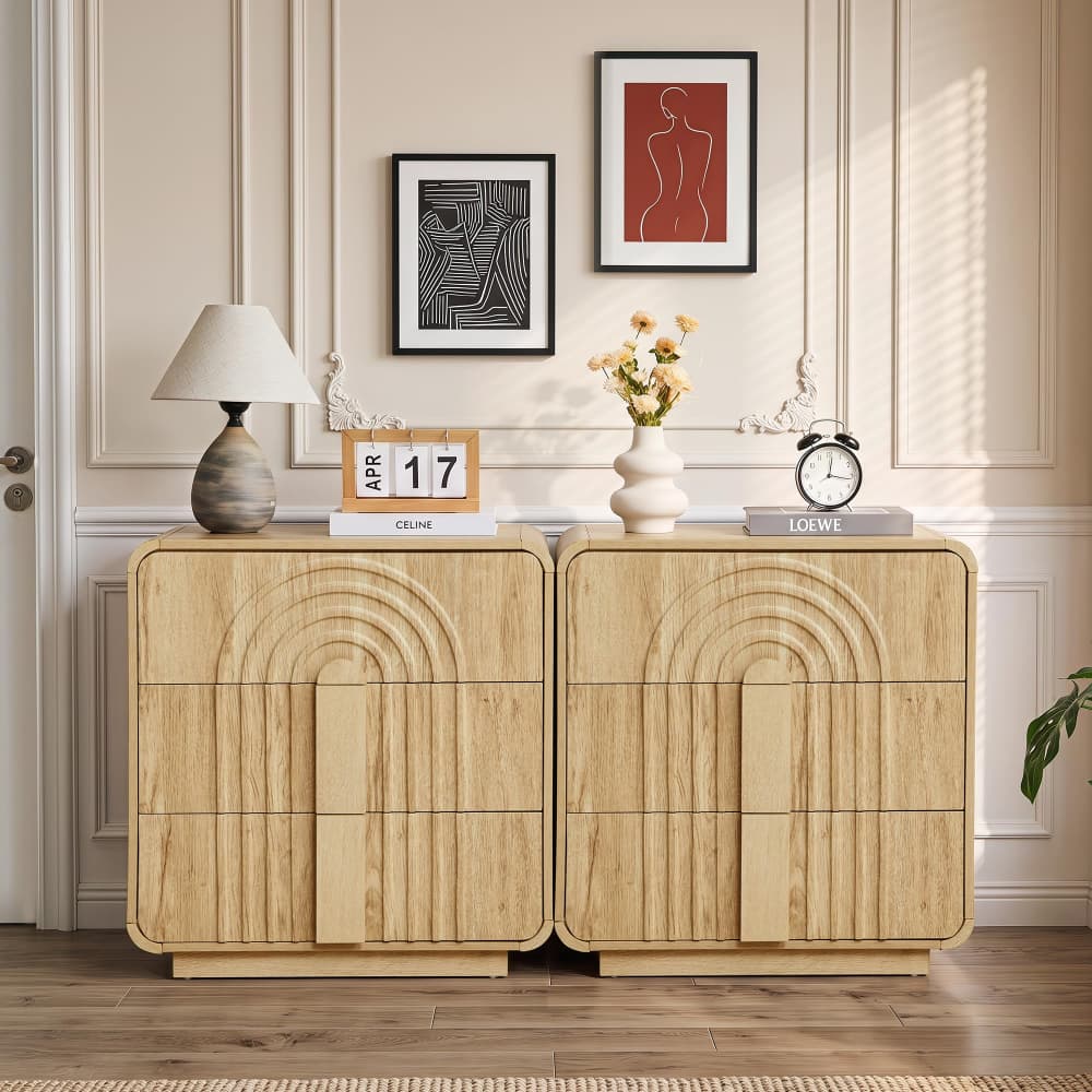 Natural Mid Century Modern 3 Drawer Dresser with Arched Fluted Design