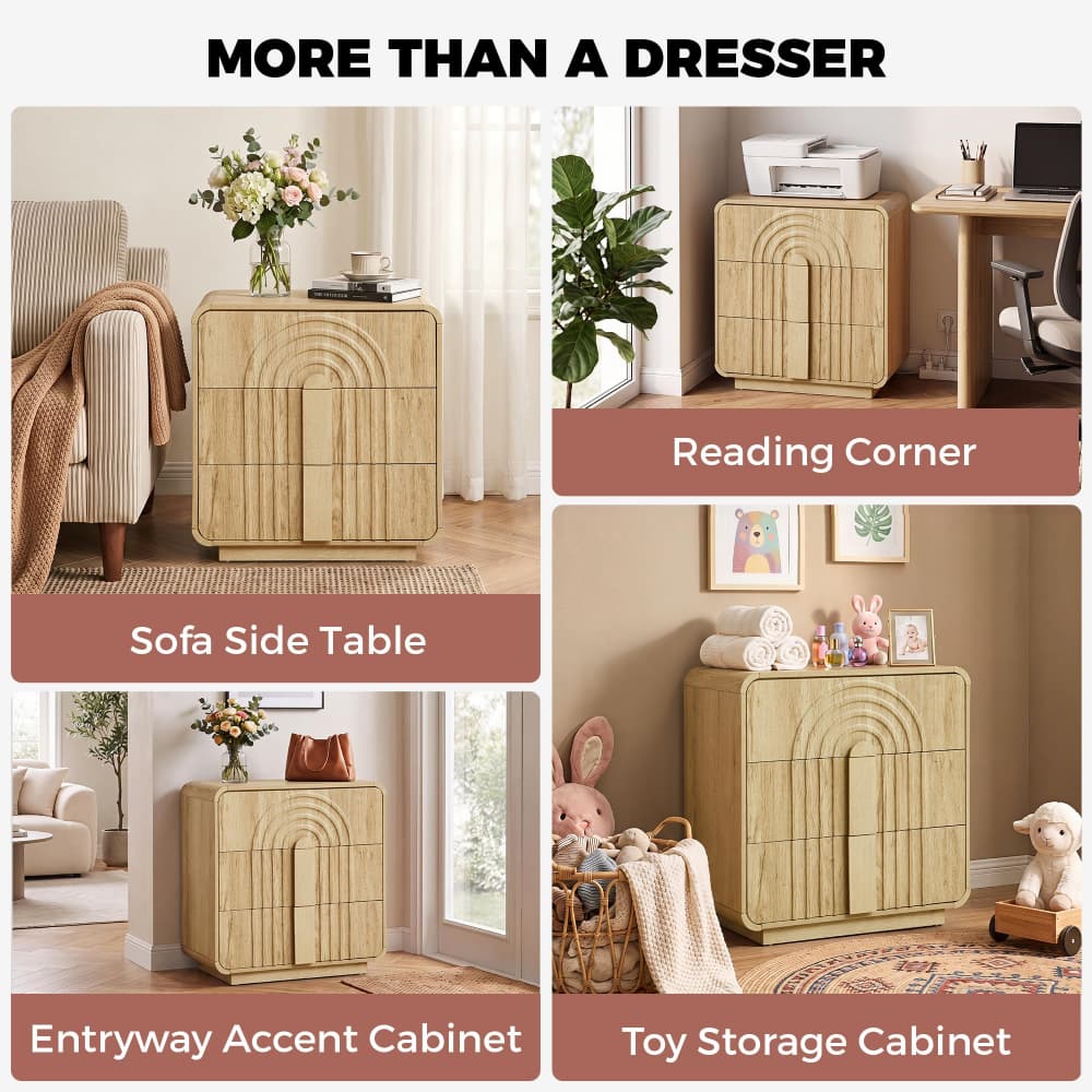 Natural Mid Century Modern 3 Drawer Dresser with Arched Fluted Design