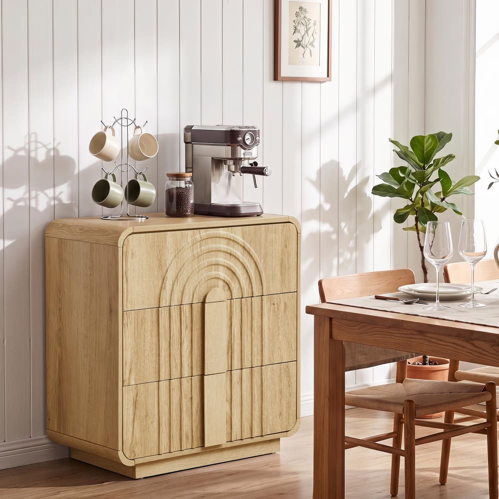 Natural Mid Century Modern 3 Drawer Dresser with Arched Fluted Design