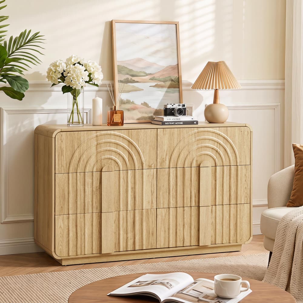 Natural Mid Century Modern 6 Drawer Dresser with Arched Fluted Design