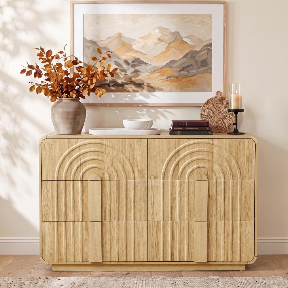 Natural Mid Century Modern 6 Drawer Dresser with Arched Fluted Design