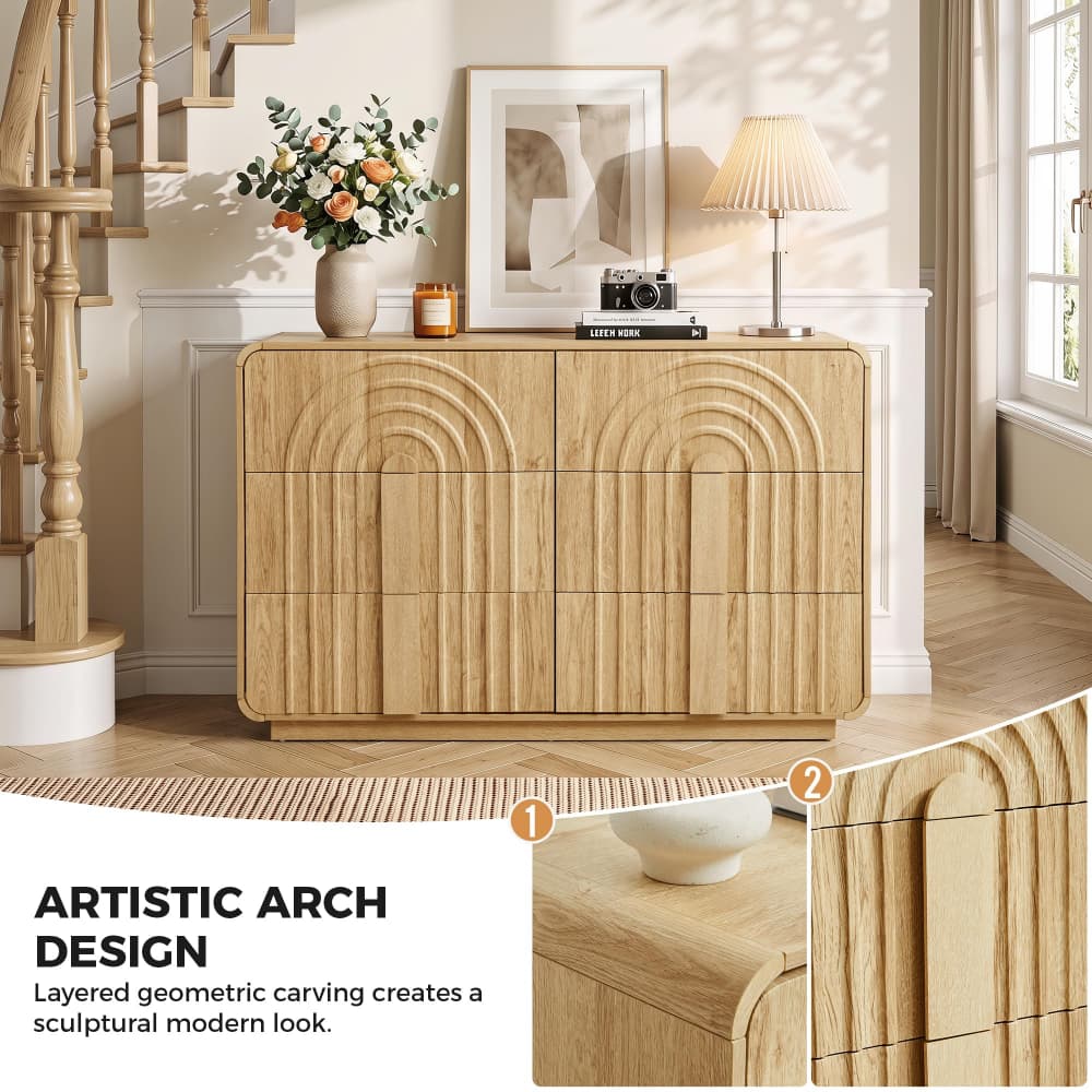 Natural Mid Century Modern 6 Drawer Dresser with Arched Fluted Design