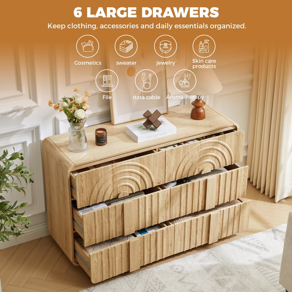Natural Mid Century Modern 6 Drawer Dresser with Arched Fluted Design