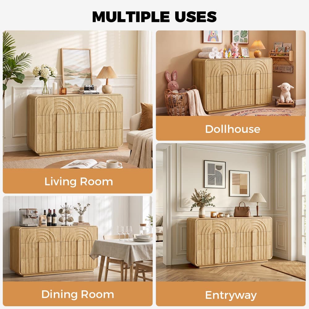 Natural Mid Century Modern 6 Drawer Dresser with Arched Fluted Design