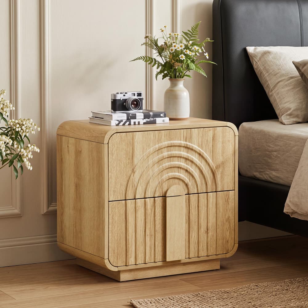 Natural Mid Century Modern Arched Fluted Design Nightstand with 2 Drawers