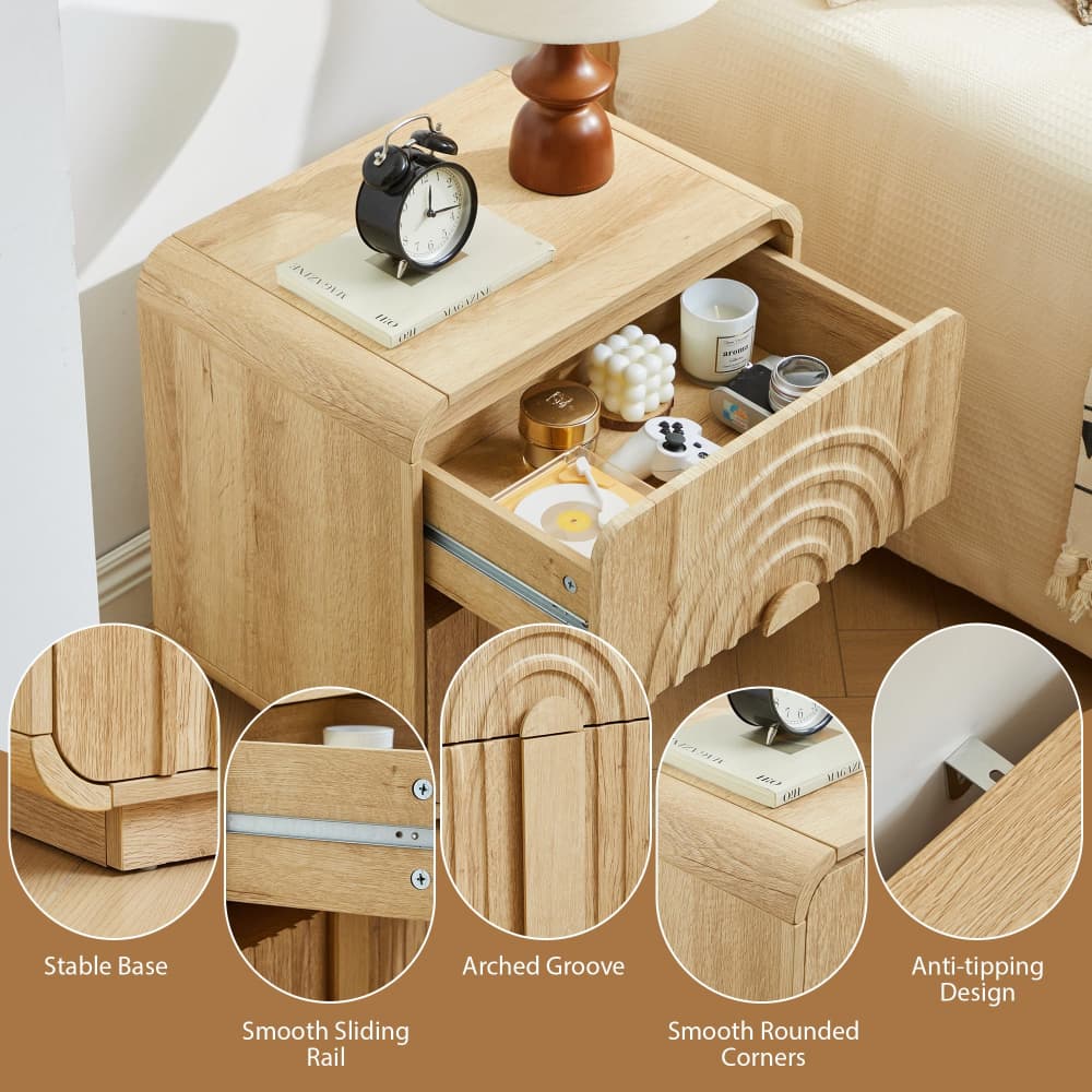 Natural Mid Century Modern Arched Fluted Design Nightstand with 2 Drawers