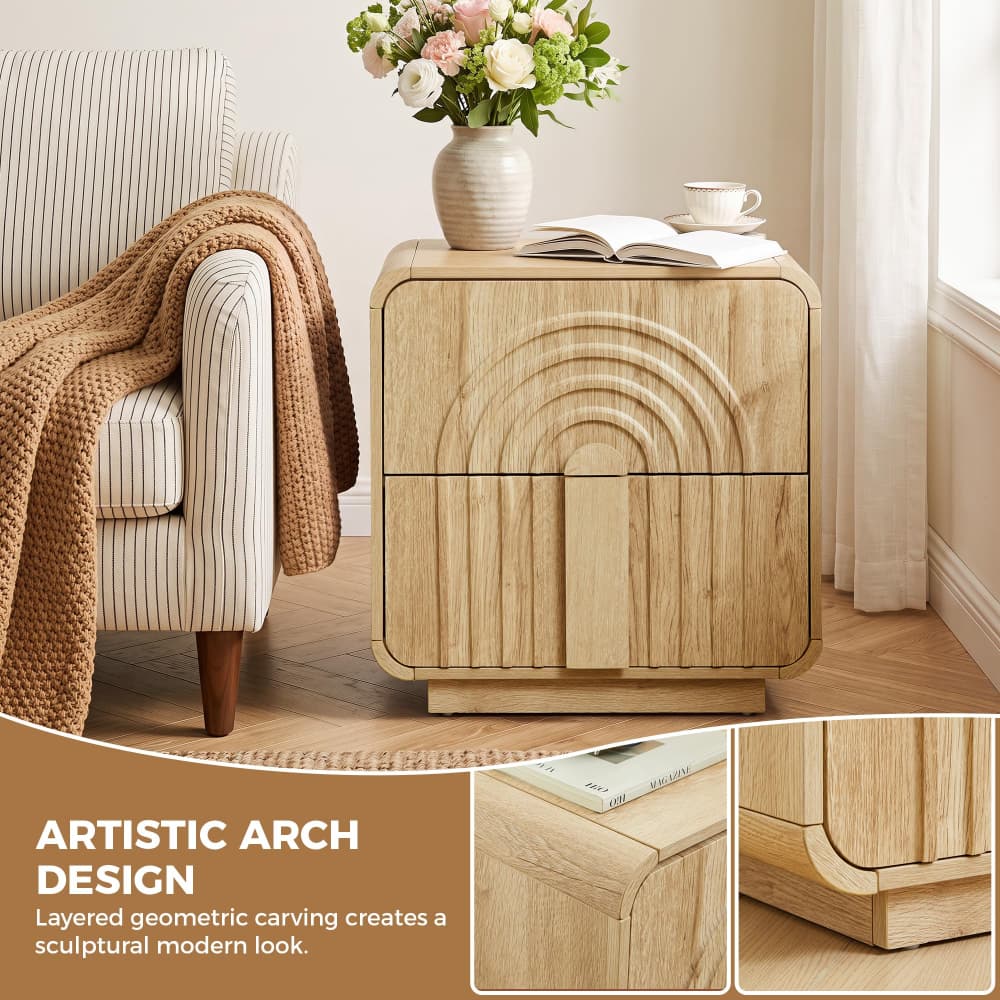 Natural Mid Century Modern Arched Fluted Design Nightstand with 2 Drawers