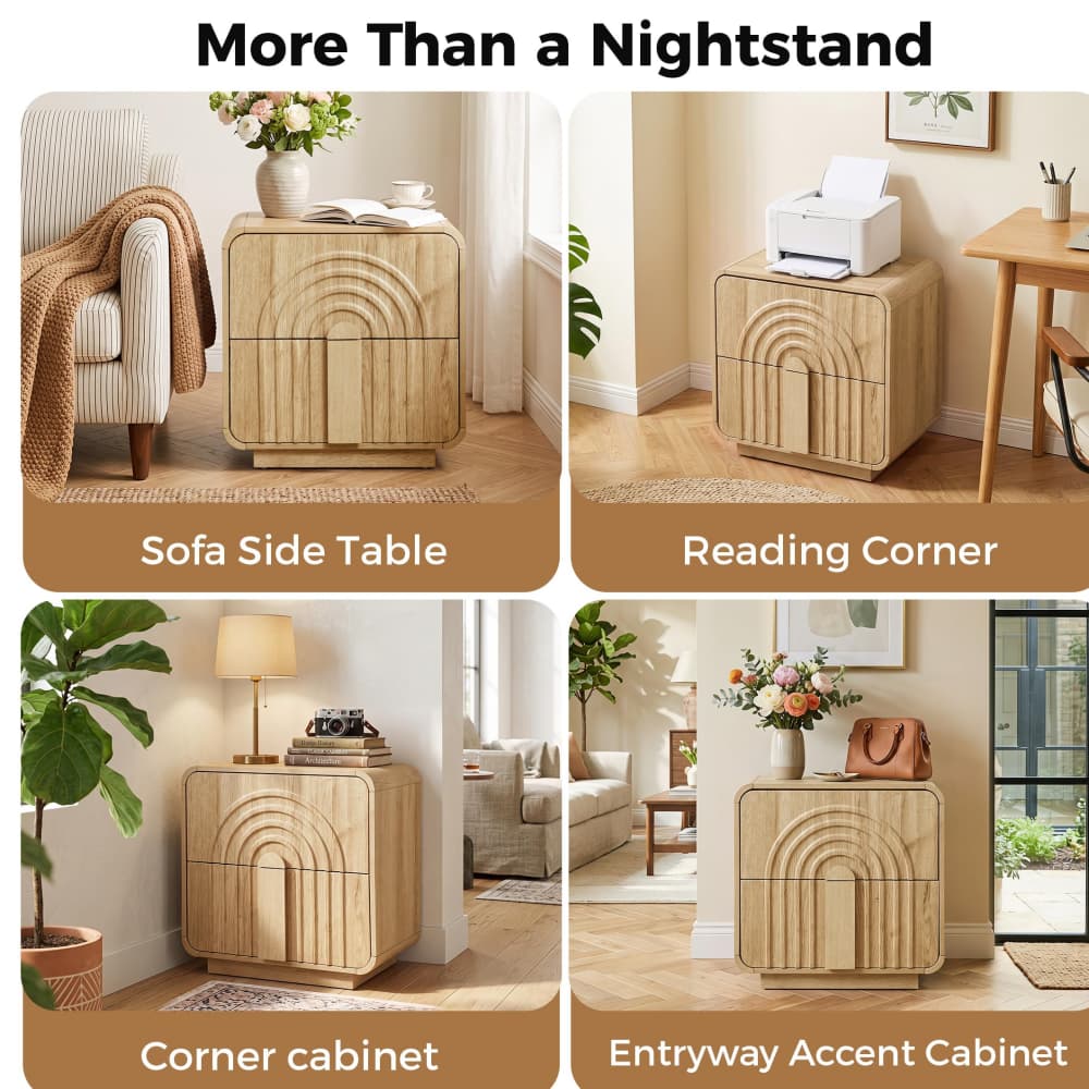 Natural Mid Century Modern Arched Fluted Design Nightstand with 2 Drawers