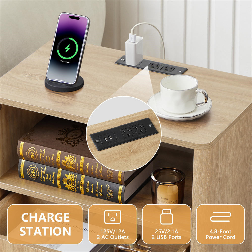 Wooden desk with charging station, books, and a cup on a neutral background