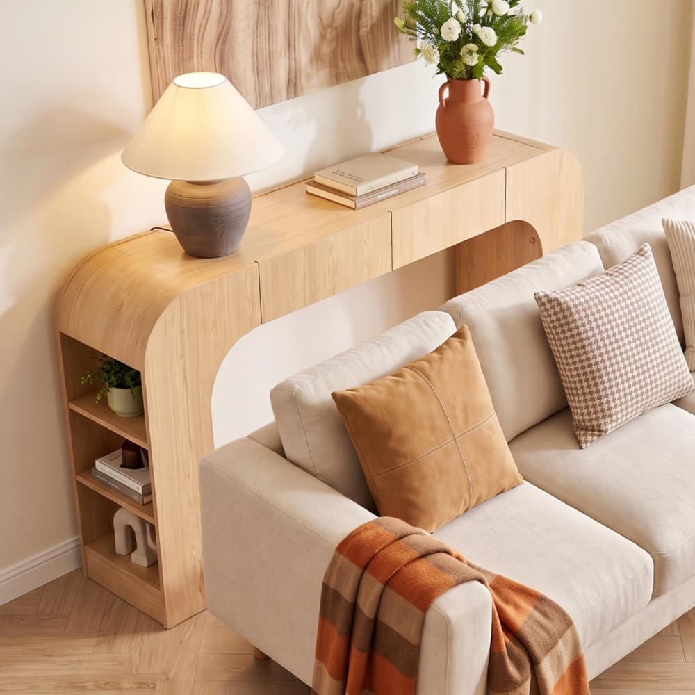 Natural Mid Century Modern Curved Narrow Entryway Arch Console Table with Side Shelves