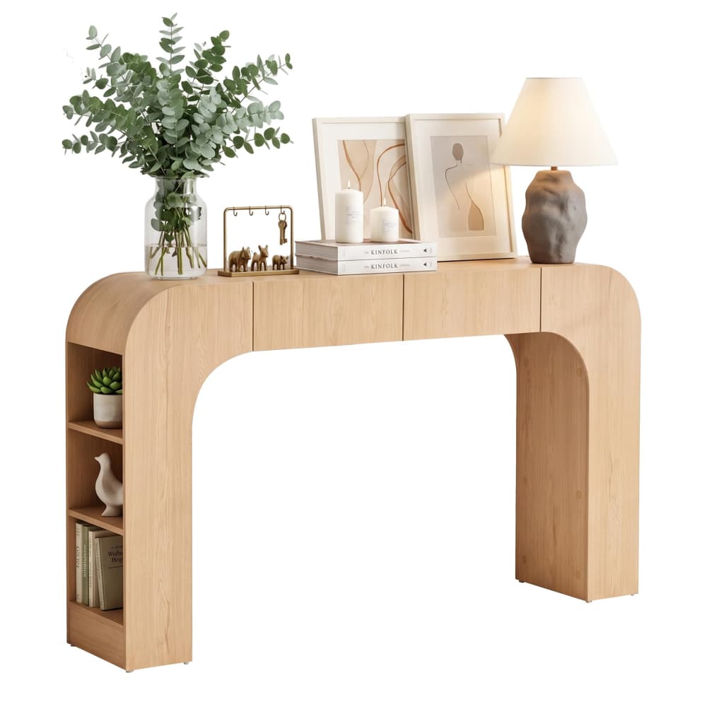 Natural Mid Century Modern Curved Narrow Entryway Arch Console Table with Side Shelves