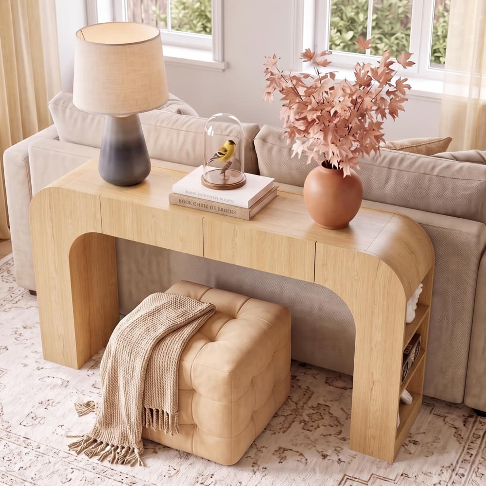 Natural Mid Century Modern Curved Narrow Entryway Arch Console Table with Side Shelves