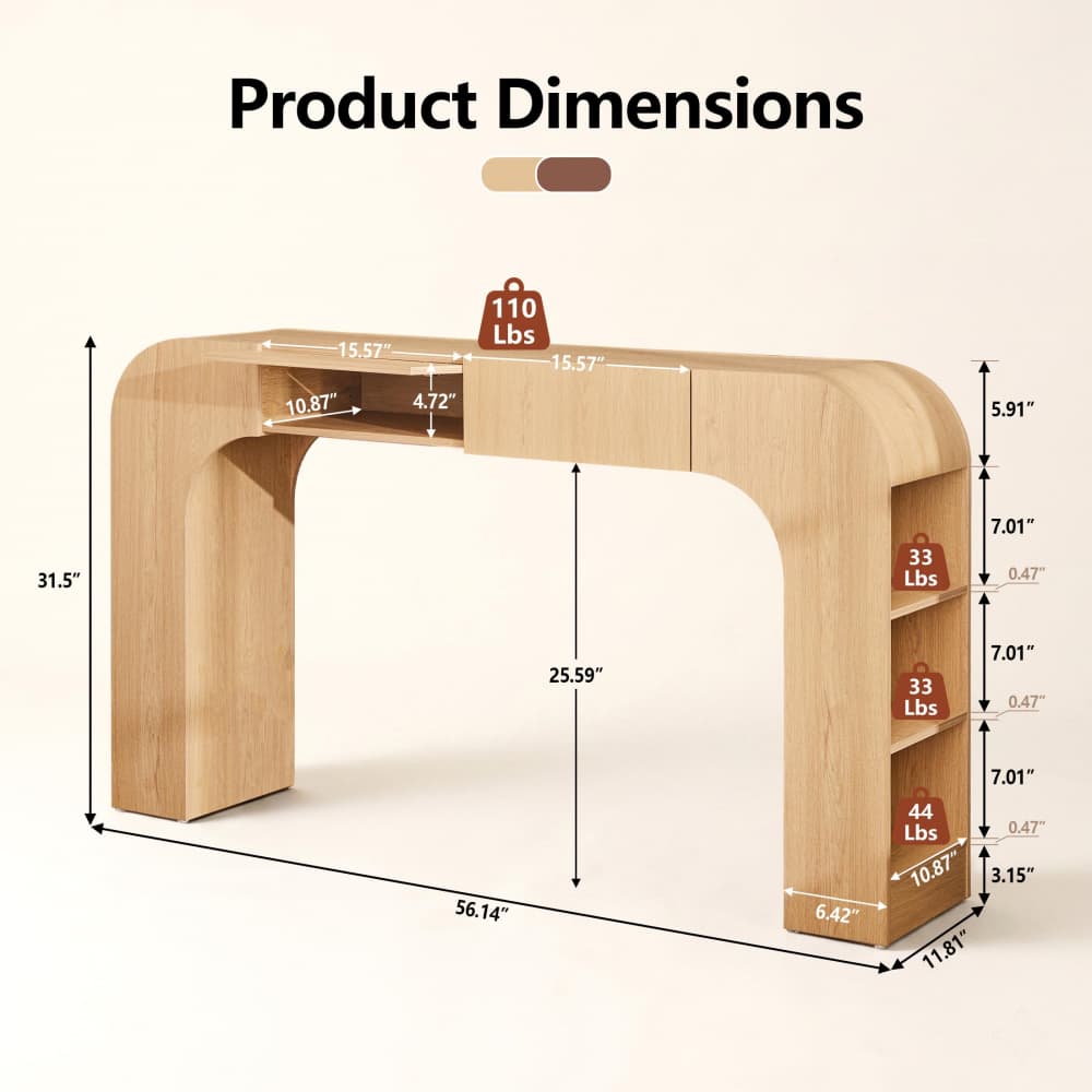 Product dimensions diagram of a light natural wood arched storage bench with shelves, showing measurements in inches, weight capacity of 110 lbs, on a light beige background.