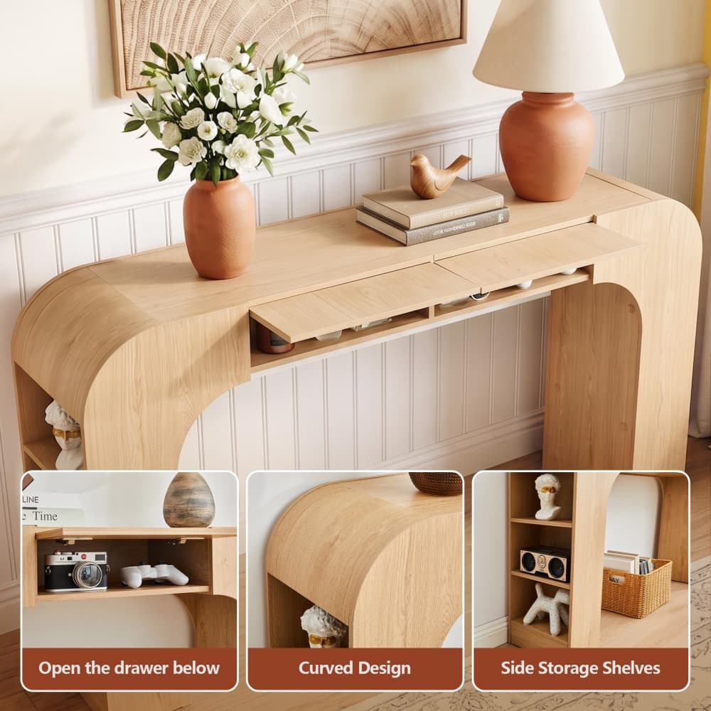 Natural Mid Century Modern Curved Narrow Entryway Arch Console Table with Side Shelves