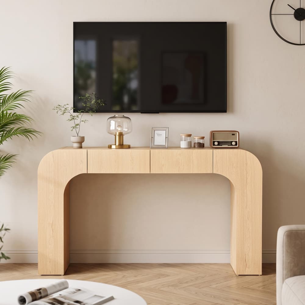 Natural Mid Century Modern Curved Narrow Entryway Arch Console Table with Side Shelves