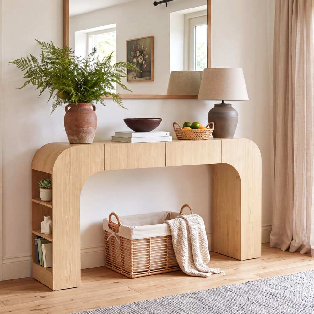 Natural Mid Century Modern Curved Narrow Entryway Arch Console Table with Side Shelves