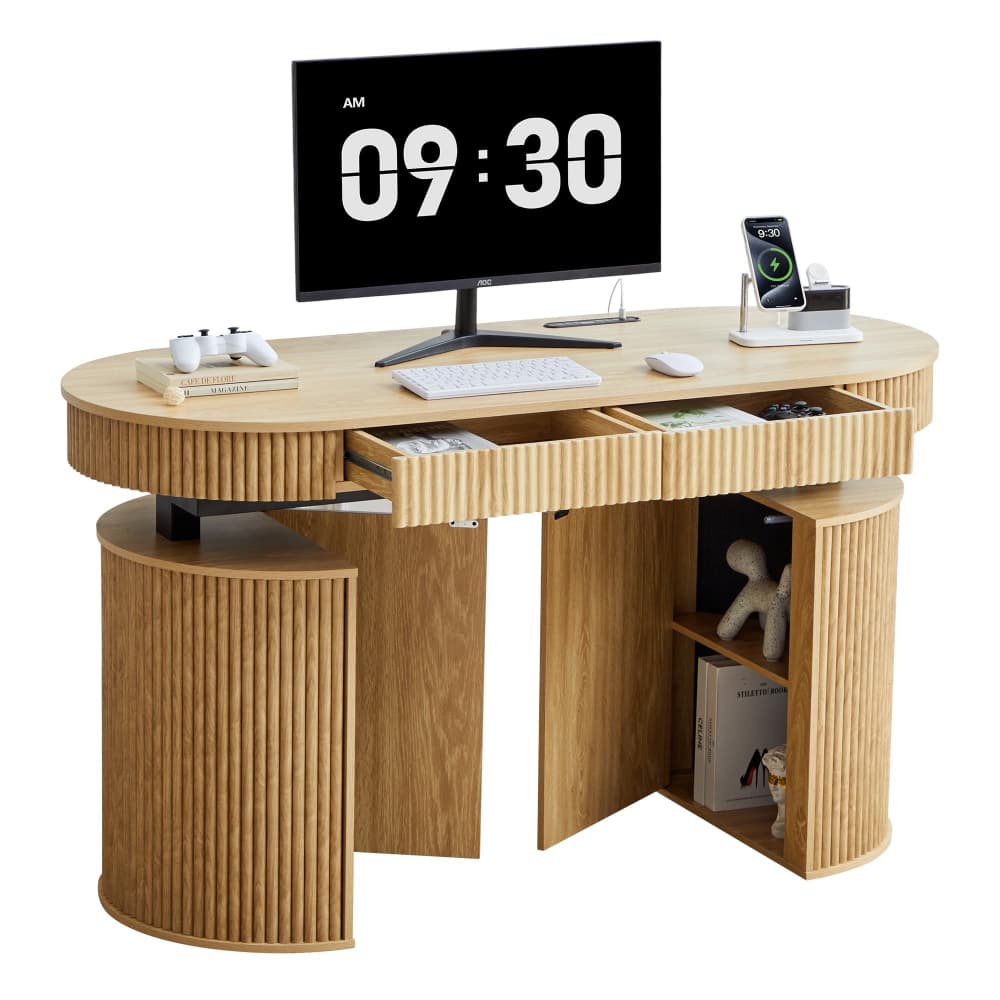 A modern curved wooden computer desk with a ribbed slatted design, shown with a monitor, keyboard, mouse, and phone accessories on top. The desk has open drawers and shelving underneath, set against a plain white background.