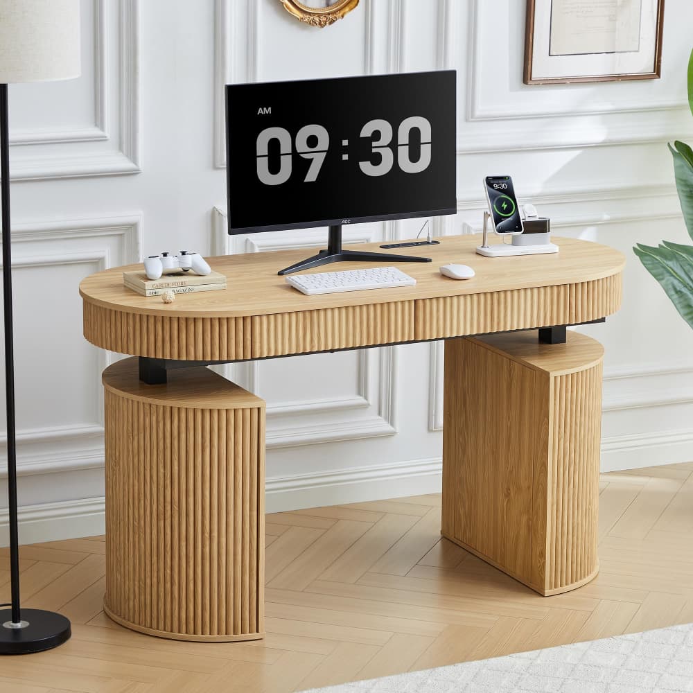 Natural Mid Century Modern Fluted Electric Standing Desk with Storage and USB & Type-C Charging Ports