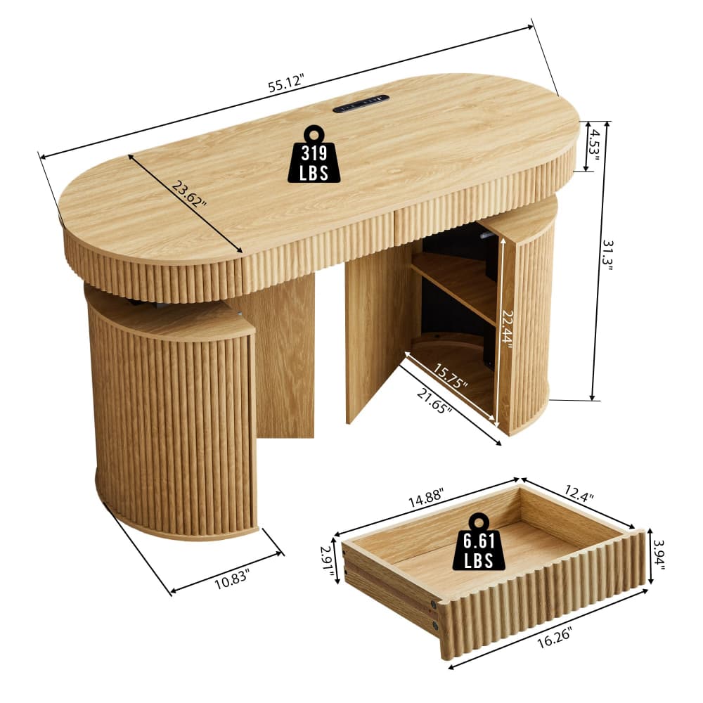 Wooden console table with dimension annotations, including a top view showing 55.12 inches in length, 31.