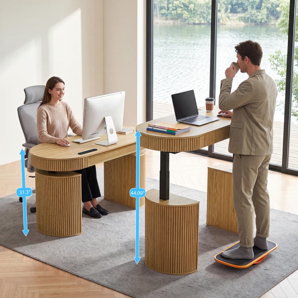 Natural Mid Century Modern Fluted Electric Standing Desk with Storage and USB & Type-C Charging Ports