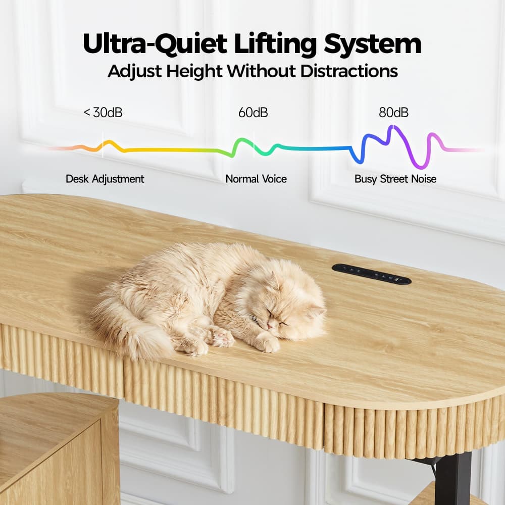 A fluffy cream-colored cat sleeps soundly on a light wood electric desk with a black touch control panel. The image features a graphic overlay explaining the ultra-quiet lifting system's noise levels, showing a spectrum from desk adjustment (<30dB) to busy street noise (80dB).