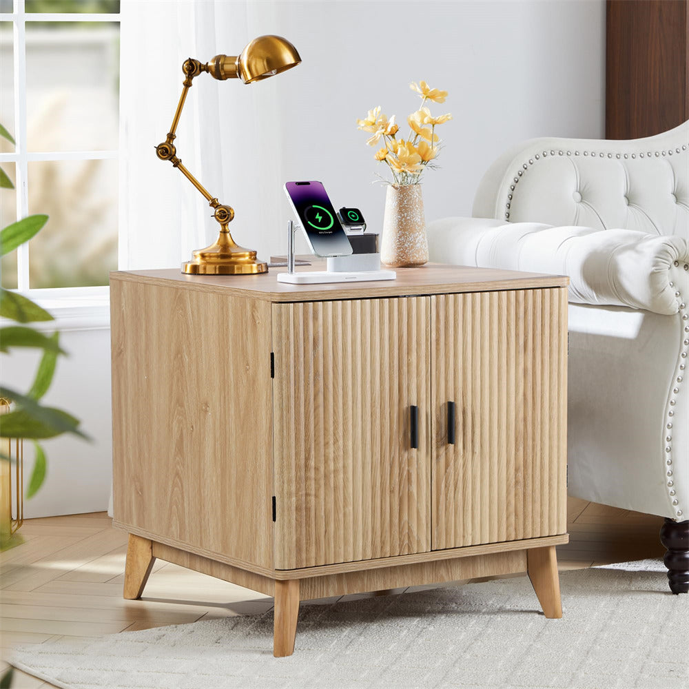 Wooden side table with lamp and decor in a living room setting