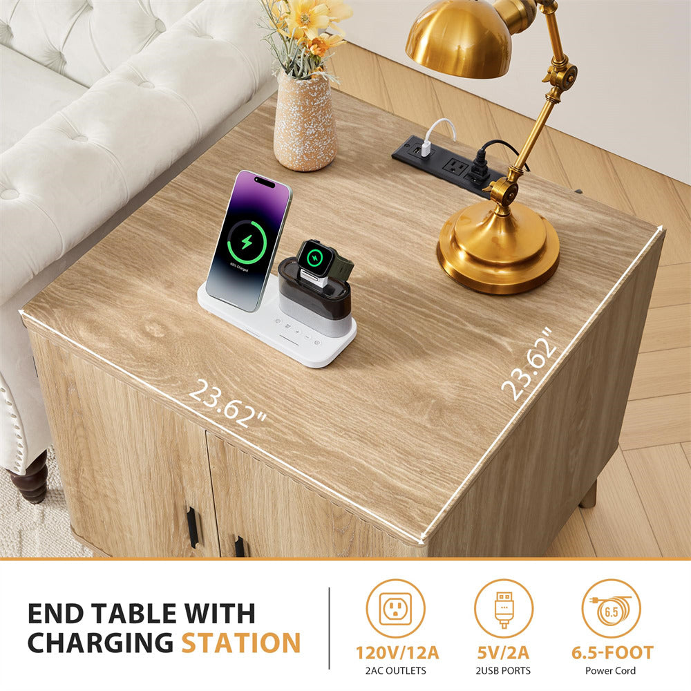 Wooden end table with charging station, phone, watch, and lamp in a living room setting.