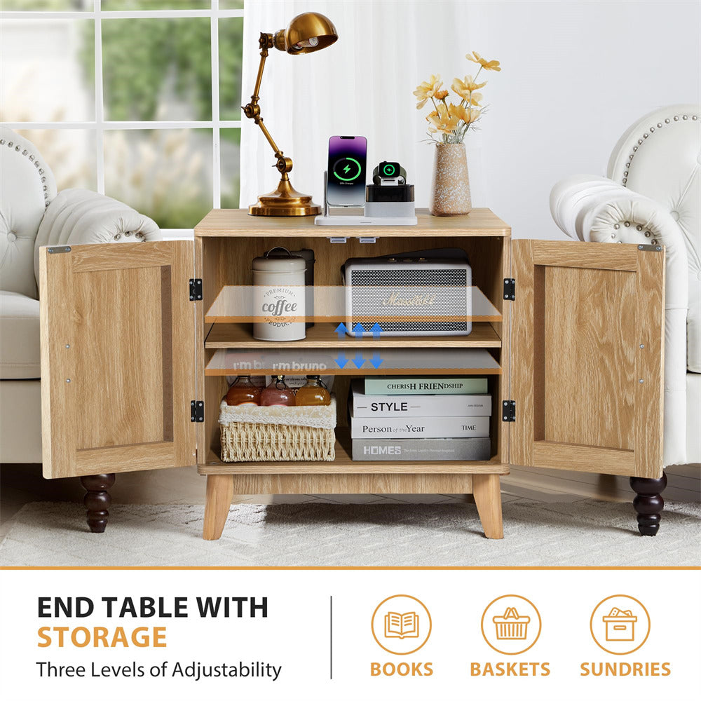 Wooden end table with storage compartments in a living room setting
