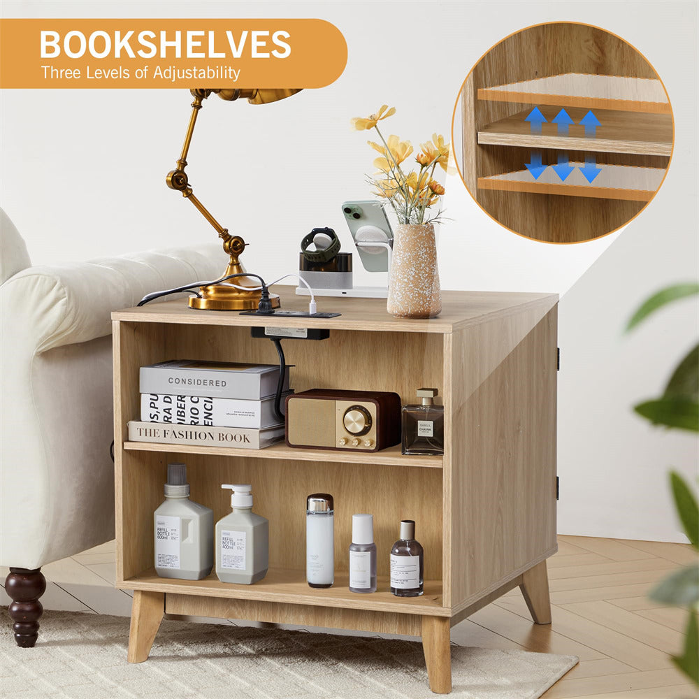 Wooden bookshelf with adjustable levels, books, bottles, and a lamp in a room setting.