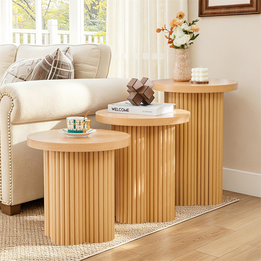 Natural Mid Century Modern Fluted Round Nesting Coffee Table Set of 3
