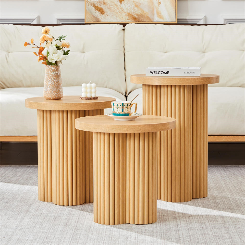 Natural Mid Century Modern Fluted Round Nesting Coffee Table Set of 3